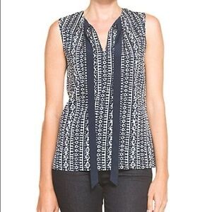 Tory Burch Navy and White Geometric Tanya Top Silk keyhole tie neck size 2
